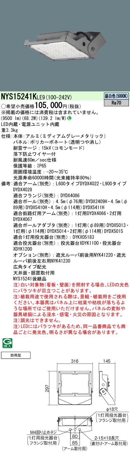 て*る様 新品未開封パナソニックLED投光器 NYS15241KLE9 NYS15241KLE9(パナソニック) 商品詳細 ～ 照明器具・換気扇他、電設