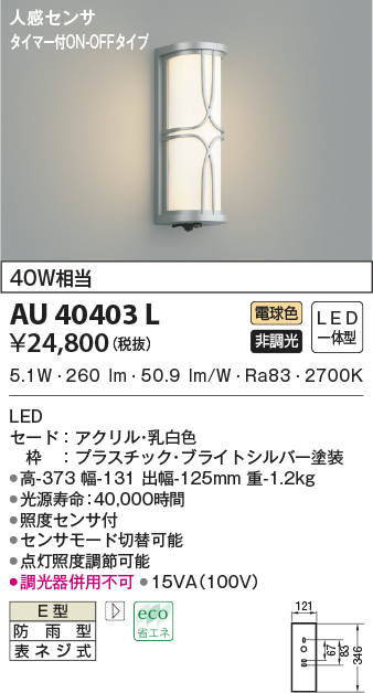 コイズミ照明 防雨型ブラケット(白熱球60W相当)黒色 AU42406L - 1