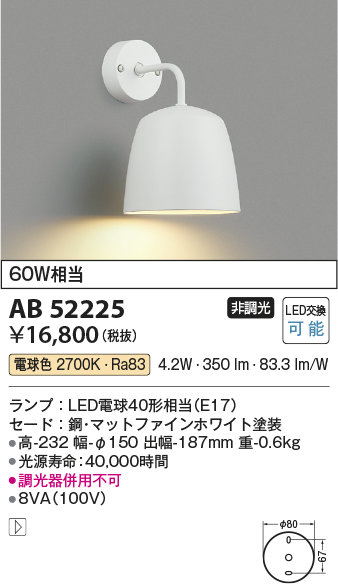 AB52225(コイズミ照明) 商品詳細 ～ 照明器具・換気扇他、電設資材販売