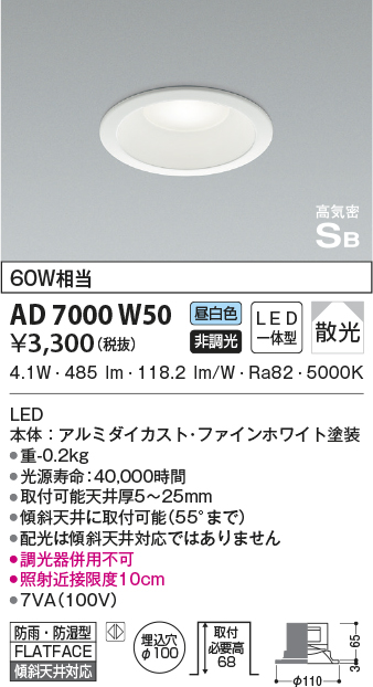 AD7000W50(コイズミ照明) 商品詳細 ～ 照明器具・換気扇他、電設資材販売のブライト