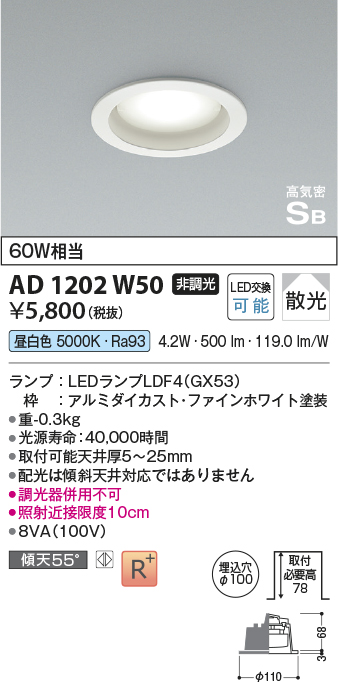 AD1202W50(コイズミ照明) 商品詳細 ～ 照明器具・換気扇他、電設資材