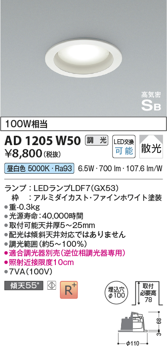 AD1205W50(コイズミ照明) 商品詳細 ～ 照明器具・換気扇他、電設