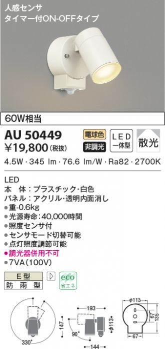 ラッピング ※ あす楽<br>KOIZUMI コイズミ照明 工事必要 アウトドア エクステリア LEDスポットライト 白熱球60W相当 電球色  AU50451