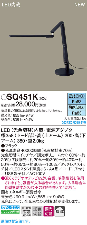 SQ451K(パナソニック) 商品詳細 ～ 照明器具・換気扇他、電設資材販売 