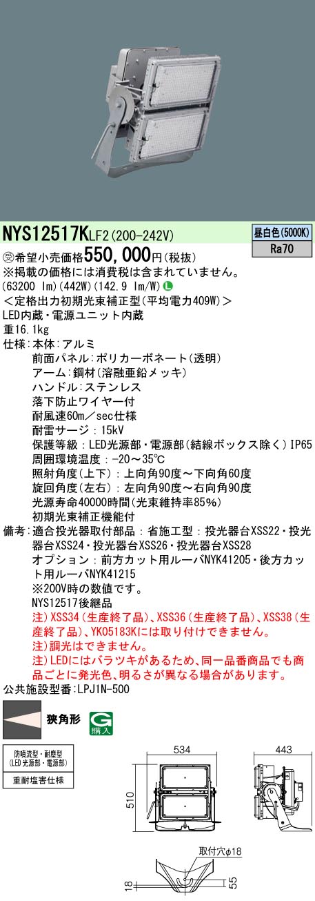 最大63％オフ！ 翌営業日発送 NYS15270LE9 パナソニック天井直付型 据置取付型 LED 昼白色 投光器 ワイド配光 防噴流型 耐塵型パネル 付型水銀灯250形1灯器具相当