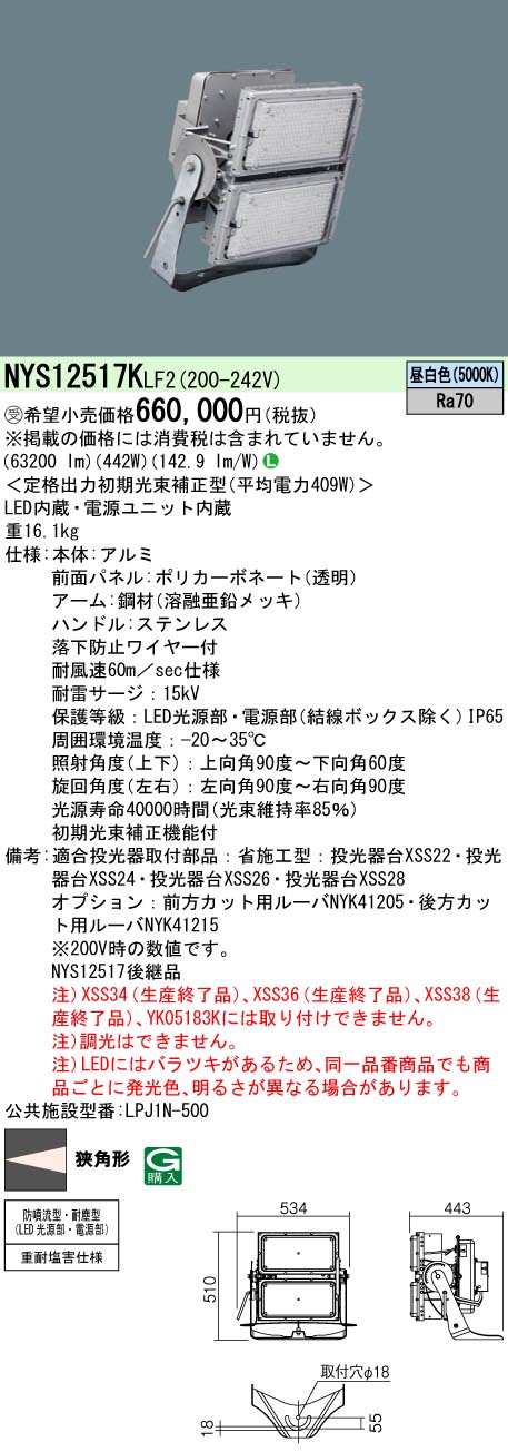 NYS12517KLF2(パナソニック) 商品詳細 ～ 照明器具・換気扇他、電設資材販売のブライト