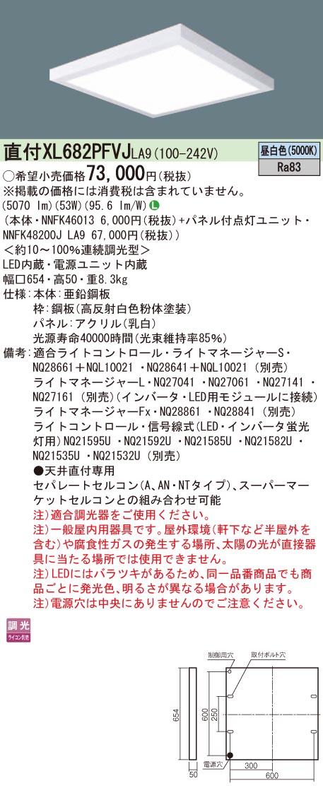 パナソニック 一体型LEDベースライト スクエアシリーズ スクエア光源タイプ 埋込型 乳白パネル 点灯ユニット NNFK47441JLA9