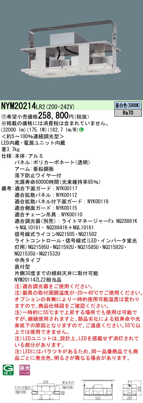 パナソニック NYM20214 LR2 LED高天井用照明器具 天井直付型 昼白色 中角型 連続調光タイプ パネル付型 水銀灯1000形1灯器具相当  受注品 通販