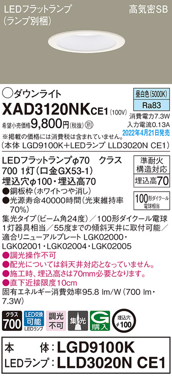 XAD3120NKCE1(パナソニック) 商品詳細 ～ 照明器具・換気扇他、電設資材販売のブライト