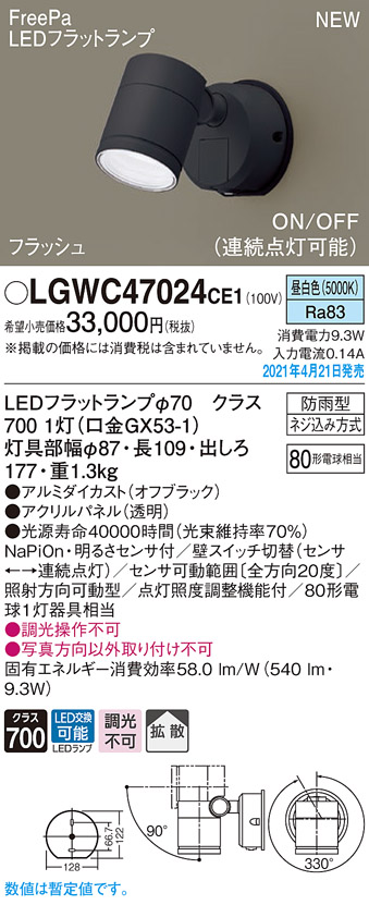 未使用品】 パナソニック LGW40480 LE1 LEDスポットライト 屋外用 壁直付 拡散 防雨型 パネル付 電球色 