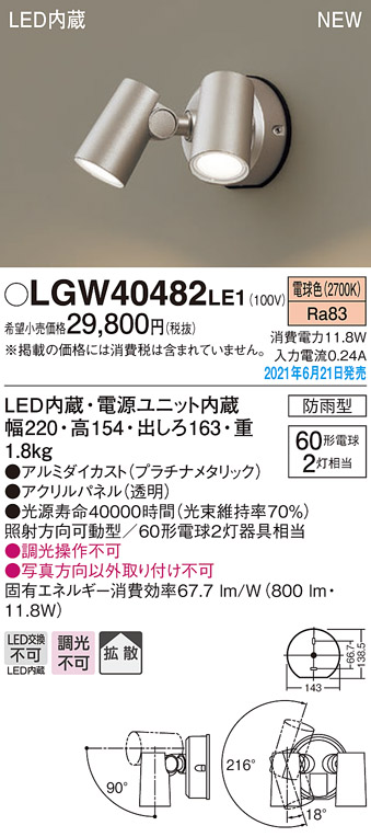 毎日激安特売で 営業中です パナソニック LGW40485 LE1 LEDスポットライト 屋外用 壁直付 拡散 防雨型 パネル付 温白色 